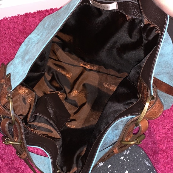 Juan Antonio Adobe Turquoise Blue Brown Leather Nubuck Weekend Boho Western Tote - Picture 11 of 16